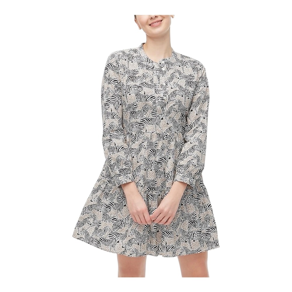 J.Crew Animal Print Novelty Zebra Leopard Long‎ Sleeve Tiered Mini Dress Size XS